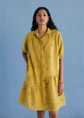 Sia Hand-Embroidered Floral Dress - Ochre